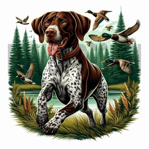 German spaniel hunter dog sublimation design PNG | Hunting dog t-shirt design png | Hunter dog with duck design digital download dtf dtg |