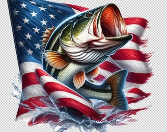 Bass Fishing American Flag PNG: USA Shirt Design (Digital Download)