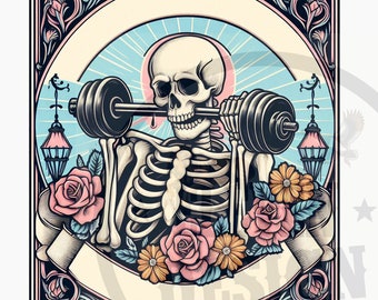 Funny Skeleton Fitness Clip Art: Weightlifting Design (PNG File)