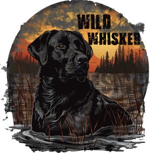 May include: A black Labrador Retriever dog with the text "WILD WHISKER" above it. The dog is in a body of water with reeds and a sunset in the background.