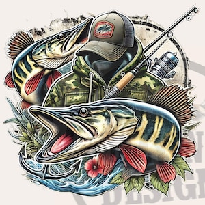 Diseños de sublimación para pesca de muskie, fondo transparente, clipart, dtg, dtf, archivos de impresión, pesca, caza, archivos dtg, pescador