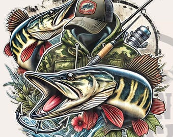 Muskie Fishing Clipart: Transparent PNG for DTG/DTF Printing
