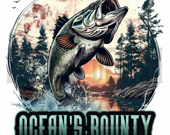 Ocean's Bounty Fishing Sublimation Design PNG | Transparent Fishing Clipart png | Fishing Shirt Design for DTF/DTG Printing | Fishing Design