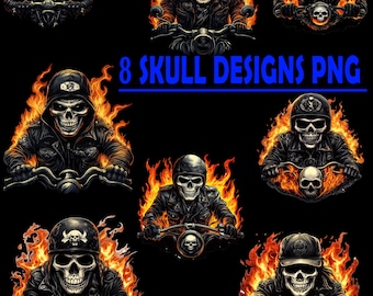 Flaming Skull Biker PNG Bundle: Motorcycle Clipart (Digital Download)