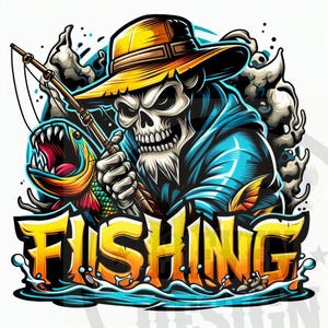 Disegno a sublimazione di pesca / Pescatore figo / Scheletro pescatore / Sfondo trasparente / File di stampa dtf dtg / Disegno di maglietta da pesca /