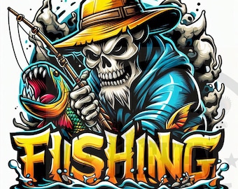 Fishing Sublimation Design | Cool Fisherman | Skeleton Angler | Transparent background | dtf dtg print files |  Fishing T-Shirt Design |
