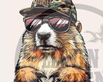 Groundhog with Camo Hat and Sunglasses sublimation design | Groundhog Day print files | groundhog camo hat design cool groundhog