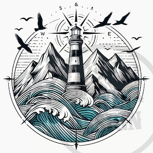 Può includere: Illustrazione in bianco e nero di un faro in piedi su una costa rocciosa con onde che si infrangono intorno. Il faro è circondato da una rosa dei venti con le direzioni N, S, E e W. Ci sono uccelli che volano intorno al faro.