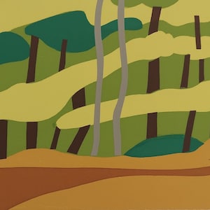 May include: Abstract painting of a forest scene with green, yellow, and brown colors. The painting features a stylized depiction of trees with long, thin trunks and rounded canopies.