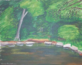 Clarion River original acrylic plein air painting of Cook Forest