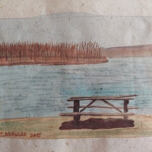 Puede incluir: Una pintura de acuarela de una mesa de picnic de madera con vista a un lago y una costa con juncos. La pintura está firmada "T. NORULAK 2015" en la esquina inferior izquierda.