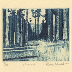 PINE FOREST original handgedruckte Aquatinta Kupferplatte Radierung vom Pittsburgh Grafiker Thomas J. Norulak.