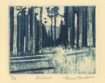 PINE FOREST original hand printed copper plate aquatint etching by Pittsburgh printmaker Thomas J. Norulak.