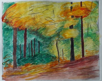 Autumn Hike watercolor over drypoint