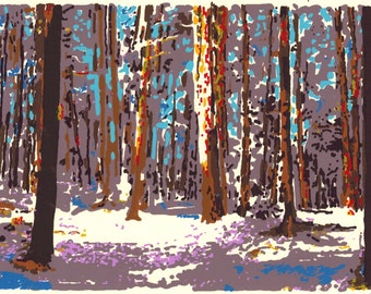 May include: A colorful abstract painting of a forest scene with tall trees and a light blue sky. The trees are painted in shades of brown, orange, and red, and the ground is covered in a layer of white snow.