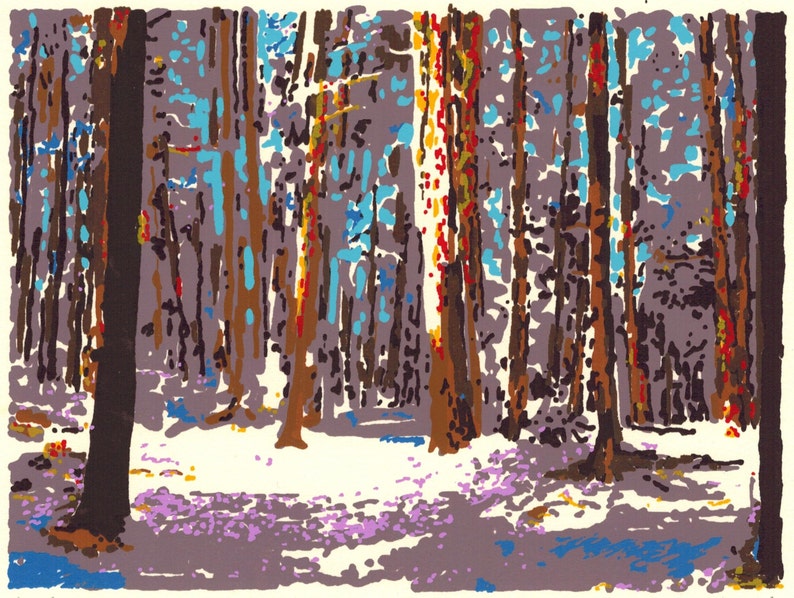 Puede incluir: Una pintura abstracta colorida que representa una escena de bosque con &aacute;rboles altos y un cielo azul claro. Los &aacute;rboles est&aacute;n pintados en tonos de marr&oacute;n, naranja y rojo, y el suelo est&aacute; cubierto por una capa de nieve blanca.