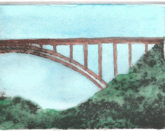 New River Bridge original etching with watercolor