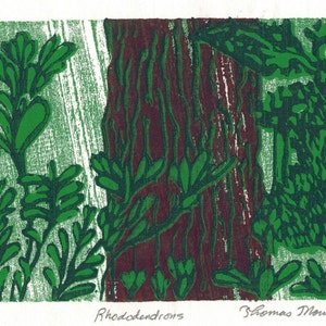 Rhododendrons original 4 color woodcut print