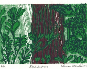 Rhododendrons original 4 color woodcut print
