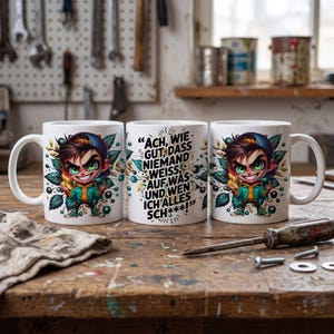 Könnte beinhalten: Drei weiße Keramiktassen mit einem Cartoon-Charakter mit braunen Stachelhaaren, blauer Kappe und grüner Jacke. Die mittlere Tasse zeigt den deutschen Text: "ACH, WIE GUT, DASS NIEMAND WEISS, AUF WAS UND WEN ICH ALLES SCH***!" umgeben von floralen Motiven.