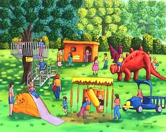 Naive Folk Art Painting: Bedrock City Acrylic Canvas Wall Decor