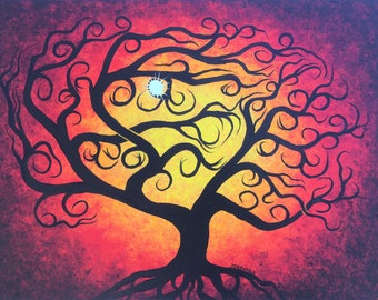 Original Acrylic Tree of Life Painting, Sun Art, 18x24" home decor