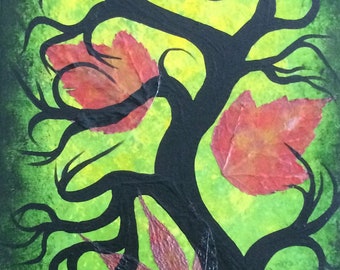 Arbre de vie vert, art mural, art d'arbre, peinture acrylique originale, collage