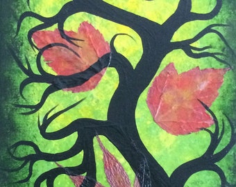Green Tree of Life Painting, Original Acrylic Collage with Real Leaves