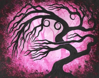 Tree painting, 9"x12", Wall art, pink willow tree, tree art, fine art, original art, acrylic painting