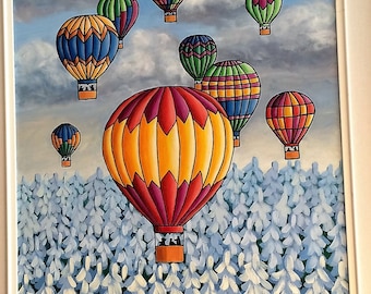 Winter Balloons, 20"x24", TREES, Snow, Original Acrylic painting, whimsical art, outsider art, naive art