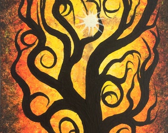 Original painting, Acrylic painting, 8"x14", Tree, Sun, tree art, tree painting, unique art, unique gift