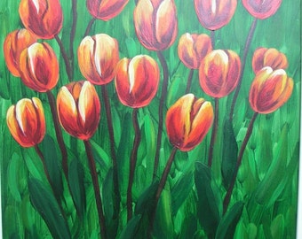 Tulipes oranges, fleurs, peinture originale, peinture de fleurs, décoration murale, peinture impressionniste, peinture acrylique