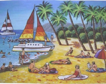 Plage de Waikiki, grande peinture originale, art naïf, art brut, art folklorique, peinture acrylique, cadeau unique