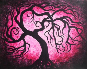 TREE painting, pink tree, sun, 9'x12", abstract tree, Tree of life, Acrylic painting