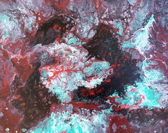 Original acrylic pour painting, Home decor, Blue, Red, Black, Abstract painting, Art Deco