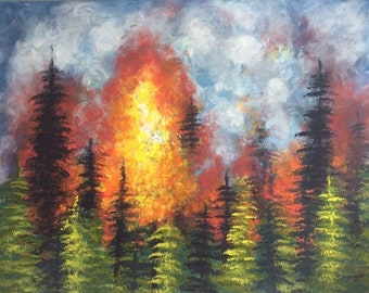 Wall art, 18"x24", forest fire, wild fire,  home decor, fine art, original art, acrylic painting