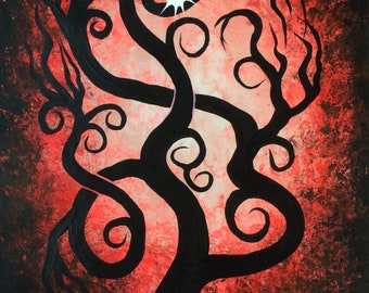 Original Red Twisted Tree Acrylic Painting: Fine Art (9x12 Unframed)