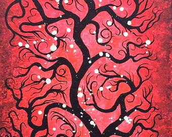 Peinture acrylique sur toile, art mural d'arbre abstrait, 20 x 39,5 pouces, arbre de vie, arbre tordu rouge, décoration d'intérieur