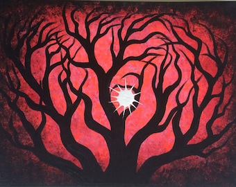 Forêt rouge, peinture originale, beaux-arts, peinture acrylique, art de l'arbre, arbres rouges, art moderne