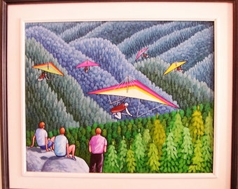 Art mural, peinture naïve, 61 x 30 cm, art populaire, art original, peinture acrylique, arbres, montagne, deltaplane