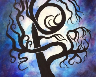 Original painting, Home decor, blue curly tree of life,  tree art