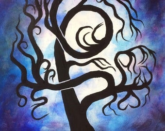 Home decor, Blue curly tree of life, 12"x16", Original painting, fine art, Acrylic painting, tree art