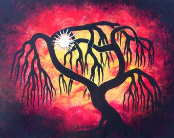 Willow tree, Sun, Home decor, 8 3/4"x11.5", Original Acrylic painting, tree art, tree painting