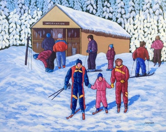 Naïeve kunst schilderij skiën: originele acryl volkskunst, 22 x 28"
