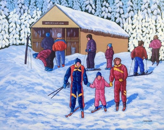 Wall art, 22" x 28", naive Art, Folk Art, outsider art, home decor, Getting ready for the slopes