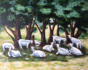 Goats, Goat art, Farm animals, landscape painting, Wall decor, Bulgarian Goats, unique art