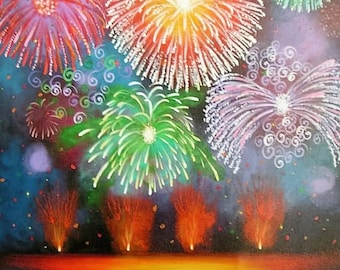 Original fireworks painting, Folk Art, home decor. wall decor