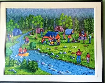 Camping, large painting,  home decor, original acrylic painting