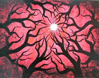 Tree Art, 9"x12", Tree painting, Wall Art, Deep forest, red forest, tree branches, fine art, modern art