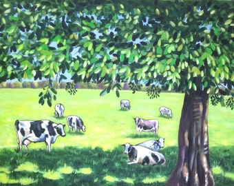 Vaches heureuses, animaux de la ferme, art de la ferme, peinture de paysage, décoration murale, oeuvre d'art, cadeau